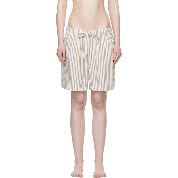  Tekla Off-white & Brown Poplin Pyjama Shorts 