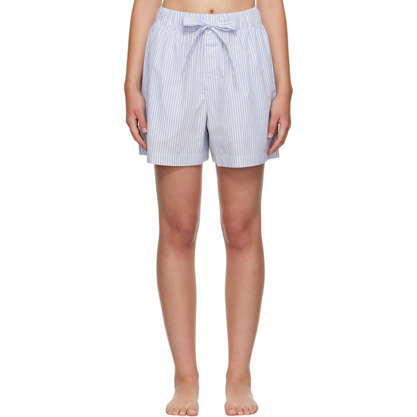  Tekla White & Blue Poplin Pyjama Shorts 