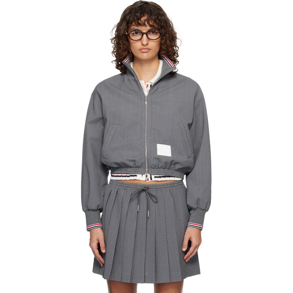  Thom Browne Gray Wool Seersucker Zip Up Track Jacket 