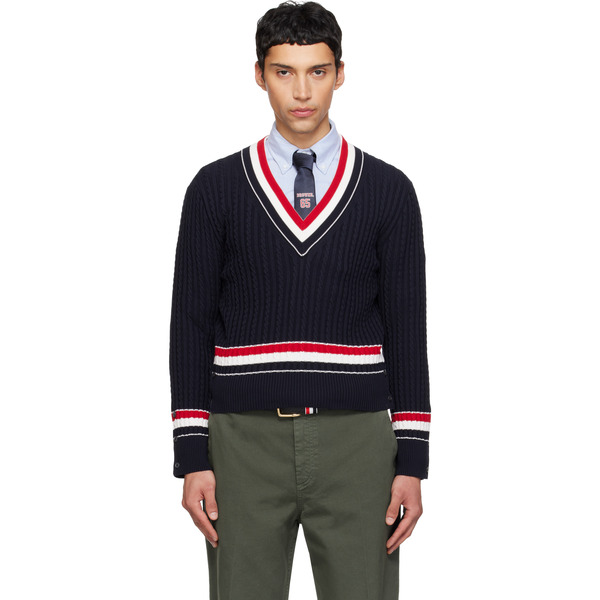  Thom Browne Navy Cable V Neck Sweater 