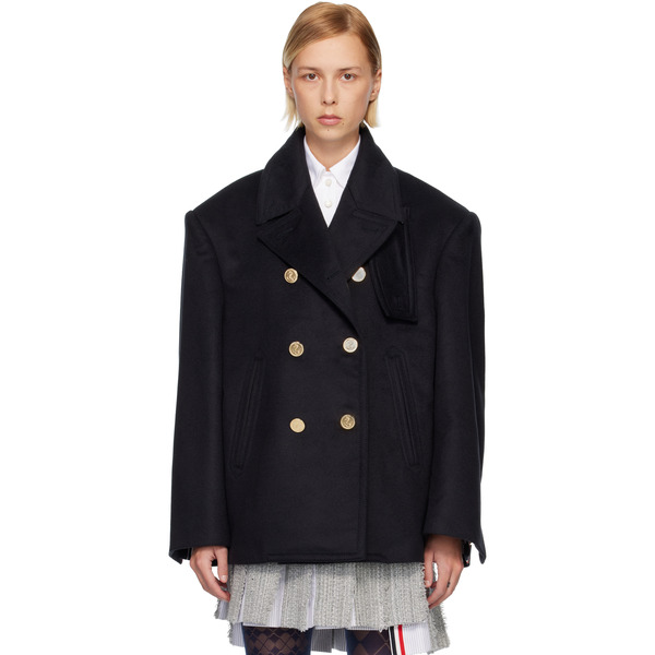  Thom Browne Navy Ziberline Finish Cashmere Oversized Pea Coat 