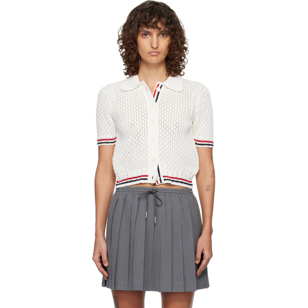  Thom Browne White Hector Pointelle Short Sleeve Cardigan 