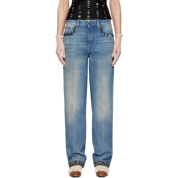  Valentino Blue Floral Print Hem Jeans 