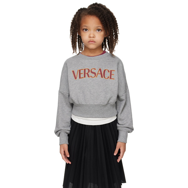  Versace Kids Gray 'versace' Logo Crop Sweatshirt 