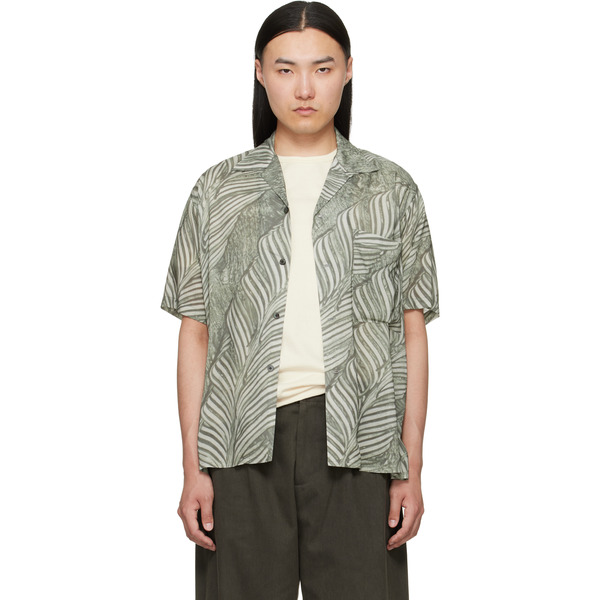  Yoke Green Leaf Pattern Printed Rayon Open Collar Shirt 